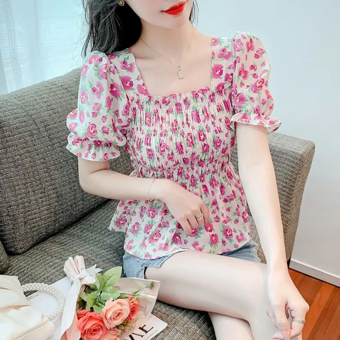 Košulja s floralnim uzorkom, puf rukavi, četvrtasti ovratnik, francuski stil (Poliester, floralni uzorak, puf rukavi, četvrtasti ovratnik, francuski stil)