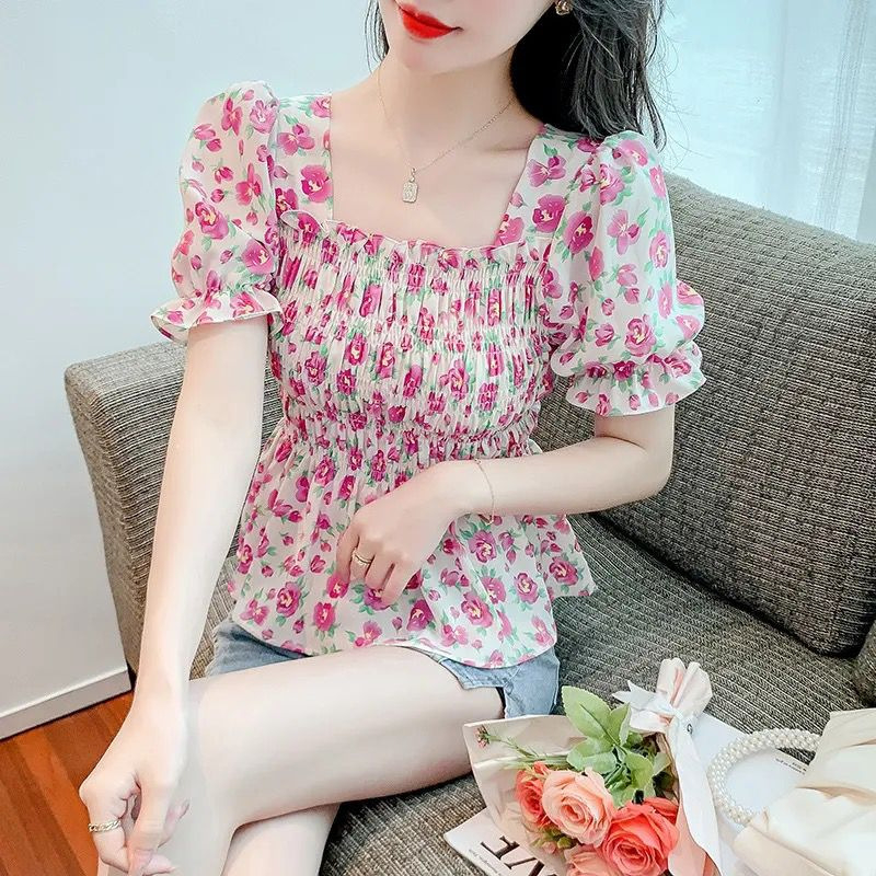 Košulja s floralnim uzorkom, puf rukavi, četvrtasti ovratnik, francuski stil (Poliester, floralni uzorak, puf rukavi, četvrtasti ovratnik, francuski stil)