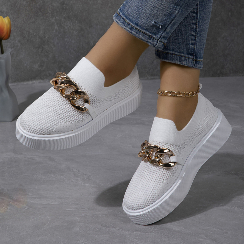 Ženske loaferice Fly-Knit s metalnim lancem, debela potplat, mrežasti gornji dio, okrugli vrh, PU ulošak