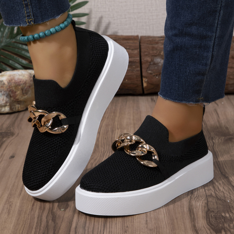 Ženske loaferice Fly-Knit s metalnim lancem, debela potplat, mrežasti gornji dio, okrugli vrh, PU ulošak