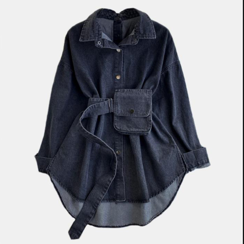 Džins košulja s patchworkom, slobodan kroj, dugi rukavi, ovratnik, kopče u jednom redu i više kopči, ulični hipster stil, srednja duljina