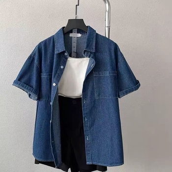 Ženska denim košulja kratkih rukava u korejskom ležernom retro stilu, opuštene krojenje, za proljeće i ljeto, top kardigan s ovratnikom