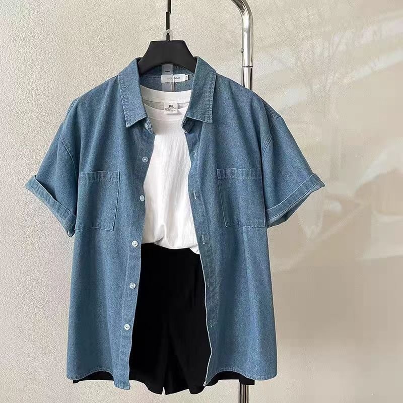 Ženska denim košulja kratkih rukava u korejskom ležernom retro stilu, opuštene krojenje, za proljeće i ljeto, top kardigan s ovratnikom