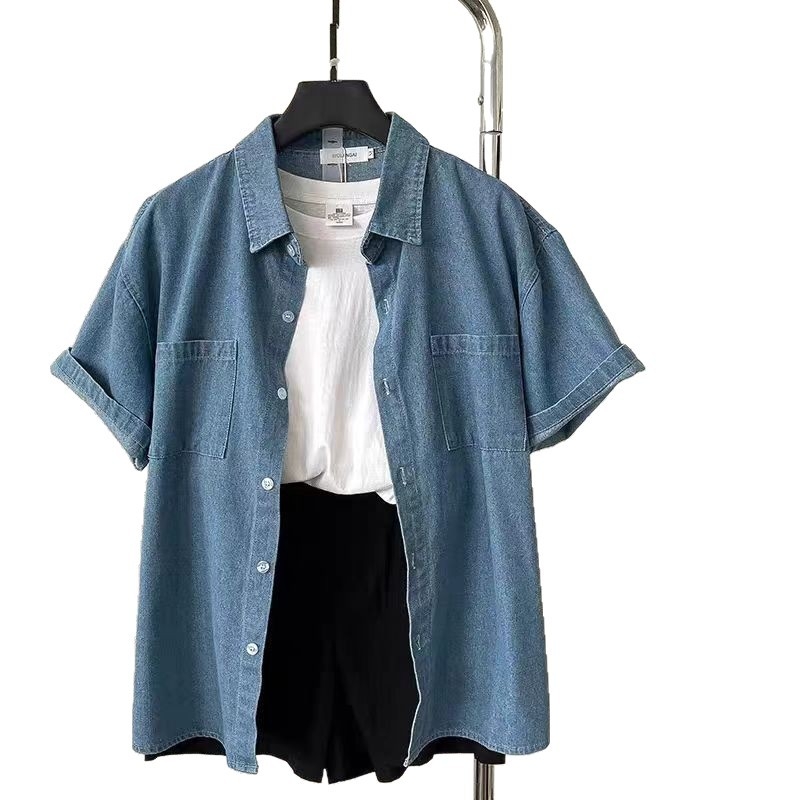 Ženska denim košulja kratkih rukava u korejskom ležernom retro stilu, opuštene krojenje, za proljeće i ljeto, top kardigan s ovratnikom