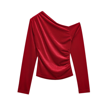 Baršunasta poliester košulja slim-fit s asimetričnim plisiranjem, dugim rukavima, nagnutim ovratnikom