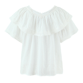 Bluza s čipkom i patchworkom, kratka rukavica, V-dekolte, redovita duljina, retro stil