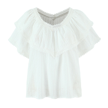 Bluza s čipkom i patchworkom, kratka rukavica, V-dekolte, redovita duljina, retro stil