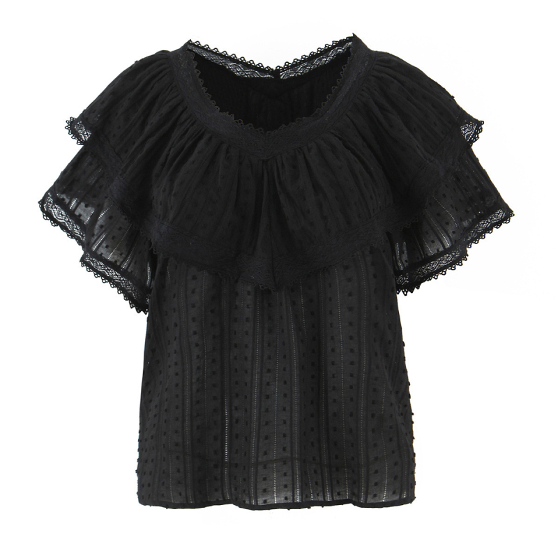 Bluza s čipkom i patchworkom, kratka rukavica, V-dekolte, redovita duljina, retro stil