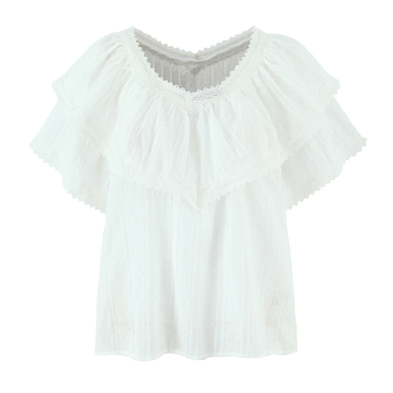 Bluza s čipkom i patchworkom, kratka rukavica, V-dekolte, redovita duljina, retro stil