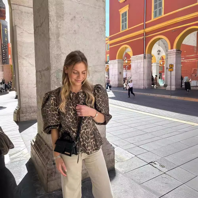 Košulja s uzorkom životinja, kratki rukavi, okrugli izrez, tkanina od poliestera, ljeto 2024, street hipster stil
