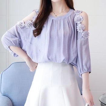 Bluza s golim ramenima, kratki rukavi, šifon, 3D uzorak, okrugli izrez, casual pulover stil, 70–80% poliester s pamukom <30%, duljina 50–65 cm