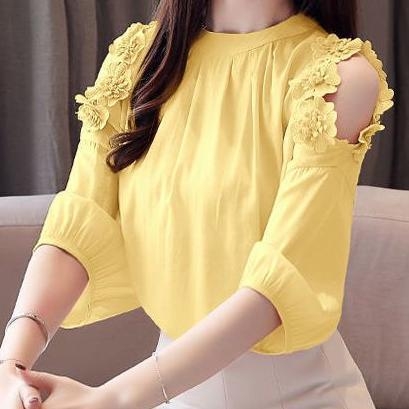 Bluza s golim ramenima, kratki rukavi, šifon, 3D uzorak, okrugli izrez, casual pulover stil, 70–80% poliester s pamukom <30%, duljina 50–65 cm