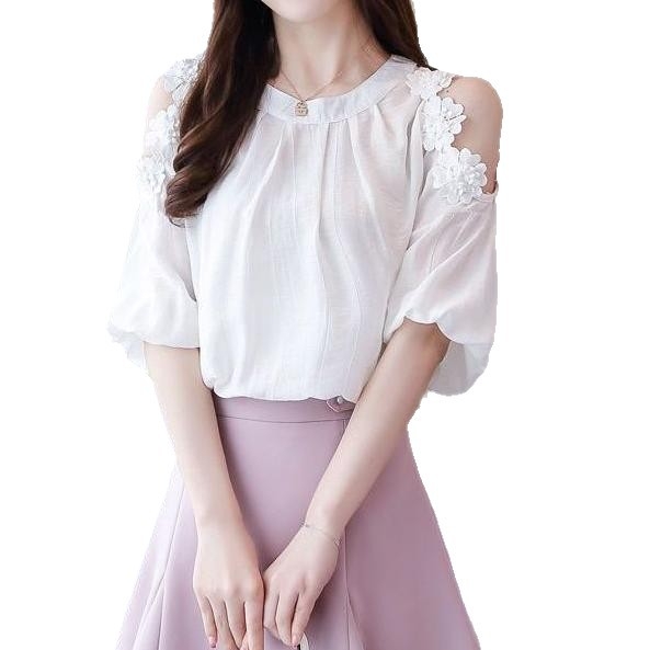 Bluza s golim ramenima, kratki rukavi, šifon, 3D uzorak, okrugli izrez, casual pulover stil, 70–80% poliester s pamukom <30%, duljina 50–65 cm