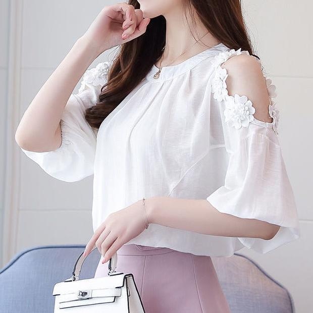 Bluza s golim ramenima, kratki rukavi, šifon, 3D uzorak, okrugli izrez, casual pulover stil, 70–80% poliester s pamukom <30%, duljina 50–65 cm