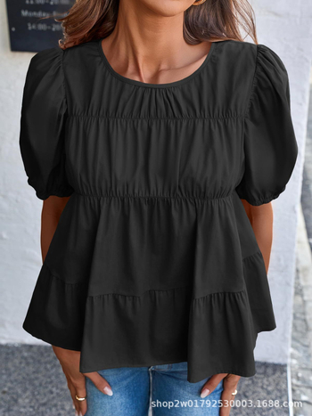 Ženska bluza s puf rukavima i volanima, babydoll stil, pamuk, ljetna, ležernog kroja