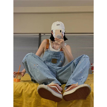 Ženske traper hlače s naramenicama, ravni kroj, poliester + pamuk, ljeto 2024