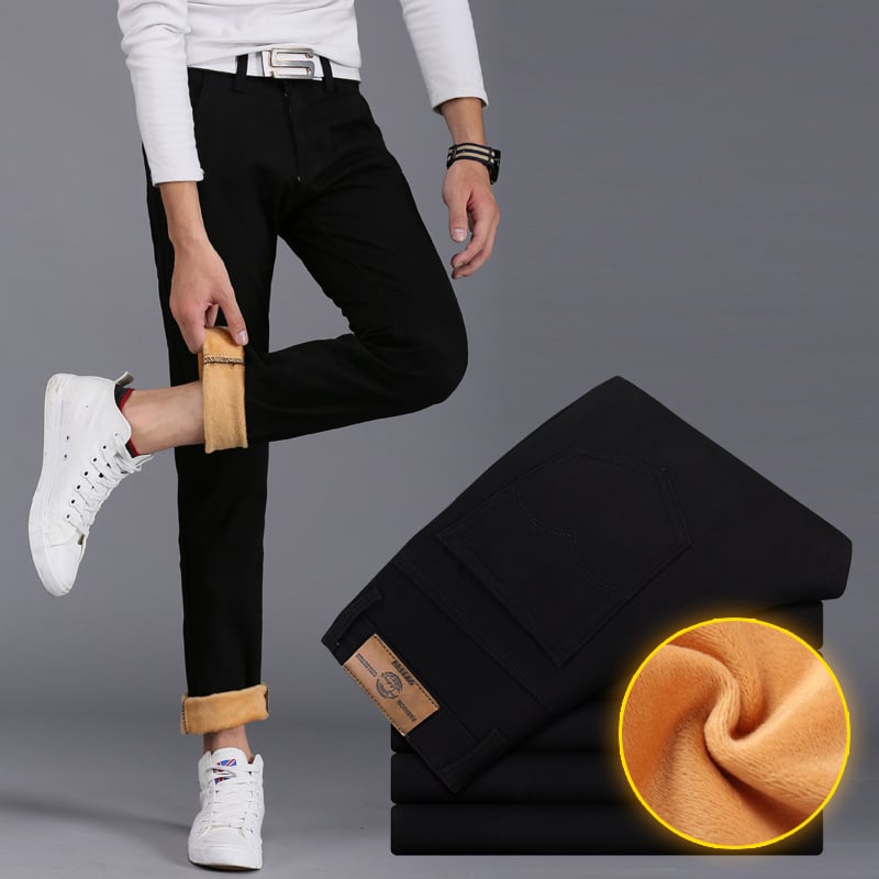 Muške zimske casual hlače, slim-fit, od pamukasto-mješavine tkanine, s velurom podstavom, zatvarač, višestruke džepove, srednji struk