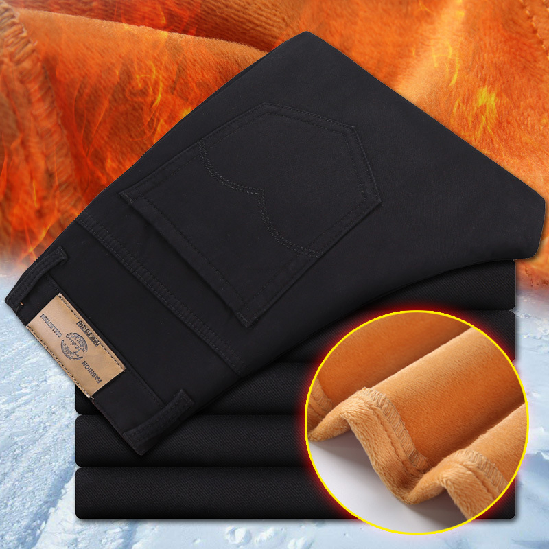 Muške zimske casual hlače, slim-fit, od pamukasto-mješavine tkanine, s velurom podstavom, zatvarač, višestruke džepove, srednji struk