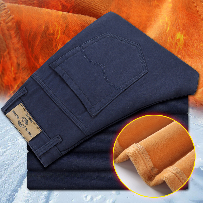 Muške zimske casual hlače, slim-fit, od pamukasto-mješavine tkanine, s velurom podstavom, zatvarač, višestruke džepove, srednji struk