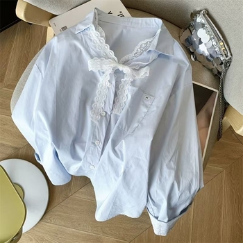 Košulja s čipkastim detaljem, polo ovratnik, labav kroj, dugi rukavi, poliester