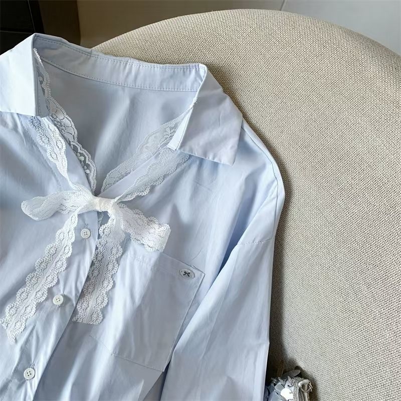 Košulja s čipkastim detaljem, polo ovratnik, labav kroj, dugi rukavi, poliester
