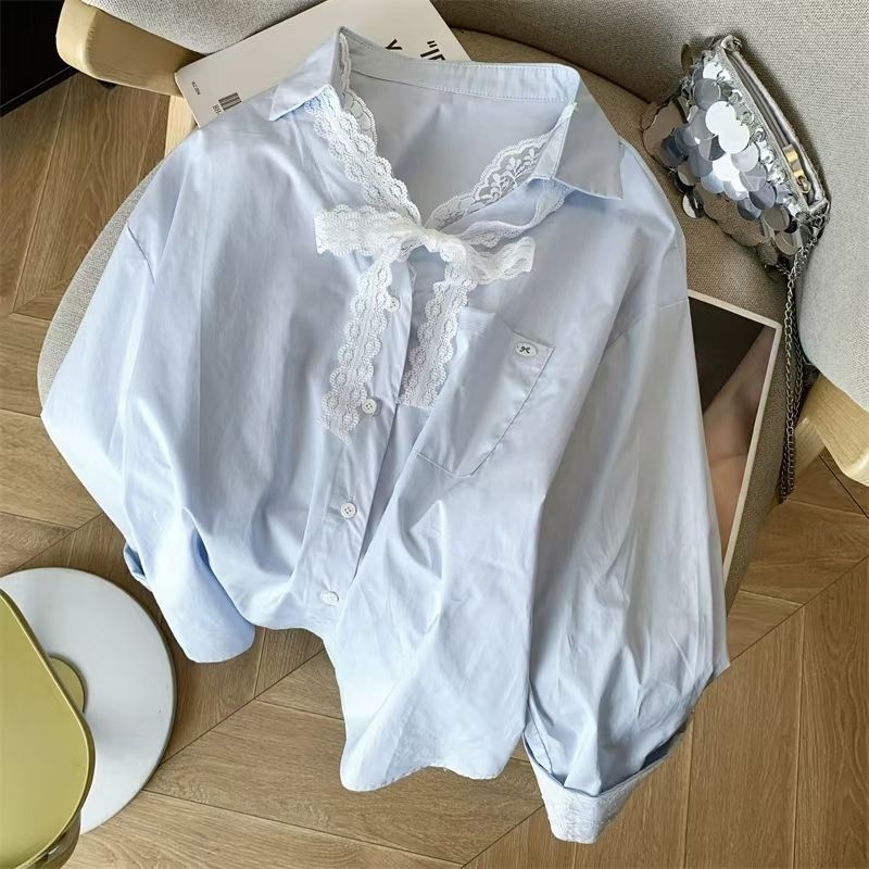 Košulja s čipkastim detaljem, polo ovratnik, labav kroj, dugi rukavi, poliester