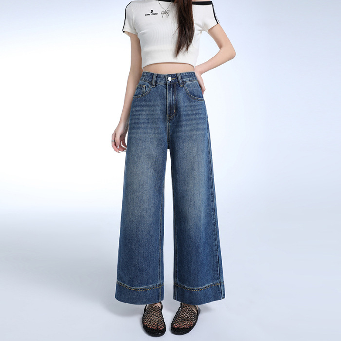Džinsice s visokim strukom, skraćene, ravni kroj, denim, 50-70% pamuka i 30-50% poliestera
