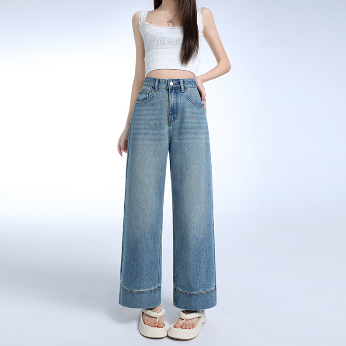 Džinsice s visokim strukom, skraćene, ravni kroj, denim, 50-70% pamuka i 30-50% poliestera