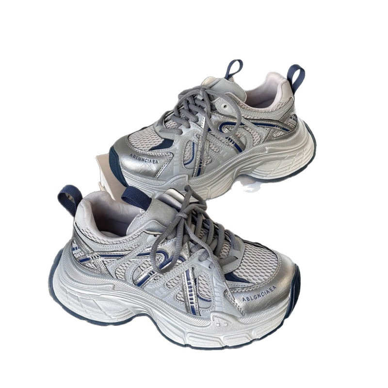 Ženske tenisice tip dad shoes s dvostrukom kožom na gornjoj strani, okrugli nos, ravna peta, dizajn za povećanje visine
