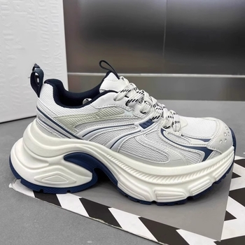 Ženske tenisice tipu dad shoes, gornji dio od kože tele i tekstila, gumeni potplat, 6–8 cm visoka peta, prednje vezanje, mrežasta podstava