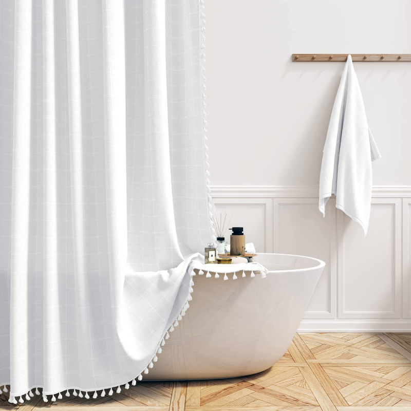 Boho stil kvadratna tuš zavjesa s resicama, mješavina poliestera i lana, vodootporna