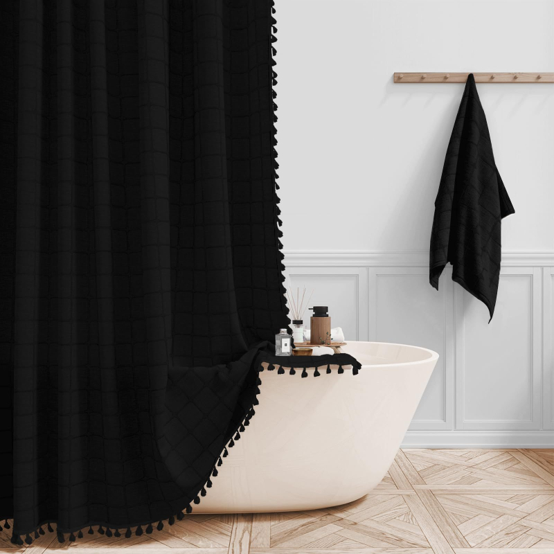 Boho stil kvadratna tuš zavjesa s resicama, mješavina poliestera i lana, vodootporna