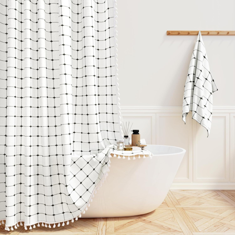 Boho stil kvadratna tuš zavjesa s resicama, mješavina poliestera i lana, vodootporna