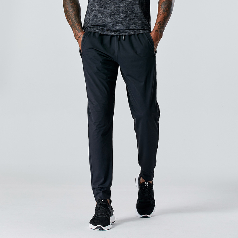 Muške sportske hlače - brzo sušeće, slim-fit, warp-knit tkanina od 80% najlona, prugasti uzorak, srednji pojas