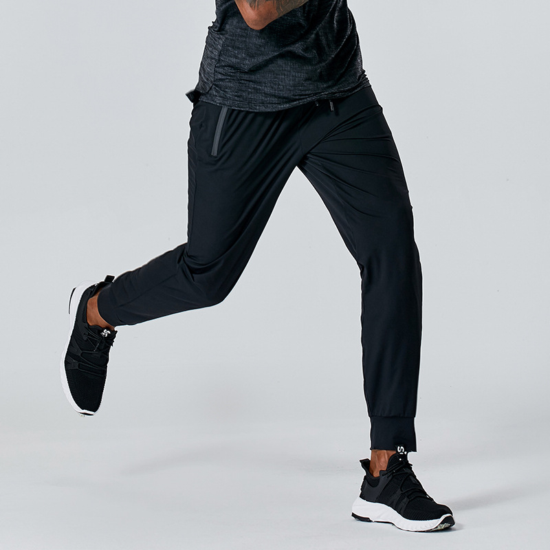Muške sportske hlače - brzo sušeće, slim-fit, warp-knit tkanina od 80% najlona, prugasti uzorak, srednji pojas