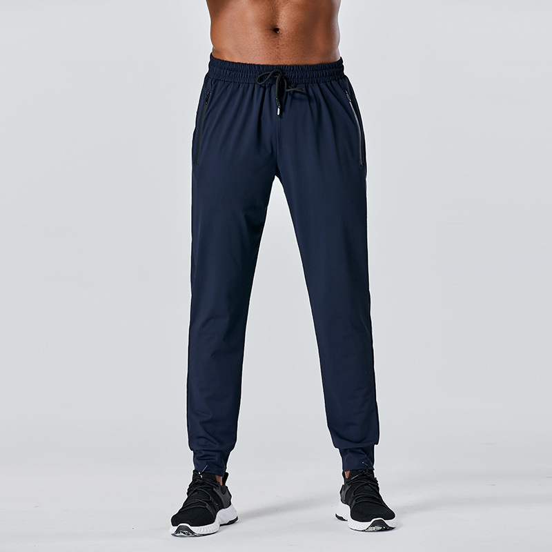 Muške sportske hlače - brzo sušeće, slim-fit, warp-knit tkanina od 80% najlona, prugasti uzorak, srednji pojas