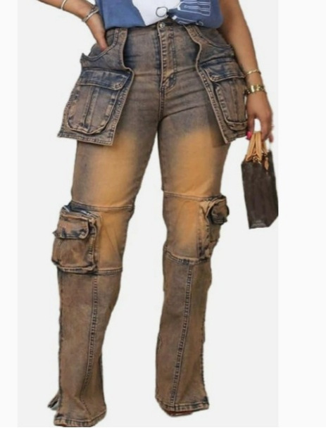 Ženske traper hlače u denims stilu, ravni kroj, visoki struk, mnogobrojni džepovi, lagani stretch, poliester manje od 30%
