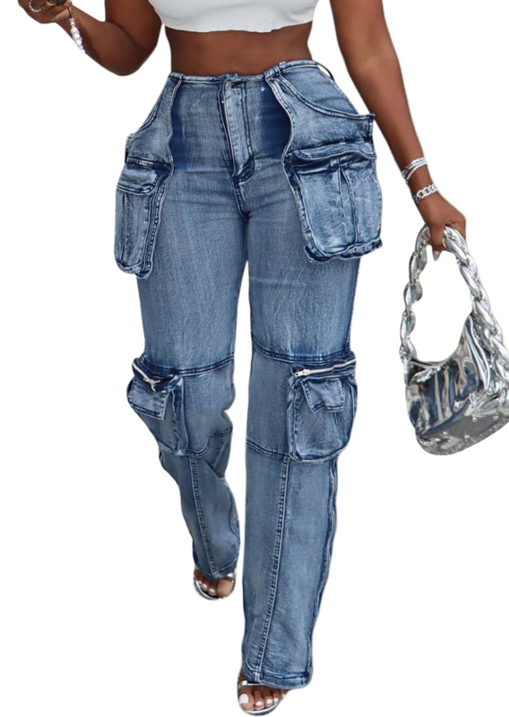 Ženske traper hlače u denims stilu, ravni kroj, visoki struk, mnogobrojni džepovi, lagani stretch, poliester manje od 30%