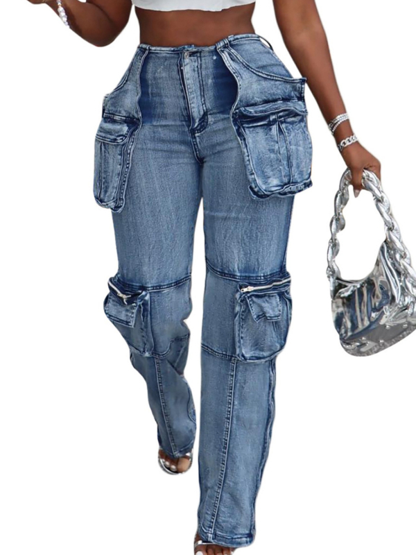 Ženske traper hlače u denims stilu, ravni kroj, visoki struk, mnogobrojni džepovi, lagani stretch, poliester manje od 30%