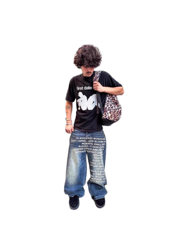 Muške traperice — hip-hop stil, ravni kroj, Y2K retro ulični print, srednji pojas, zip zatvaranje