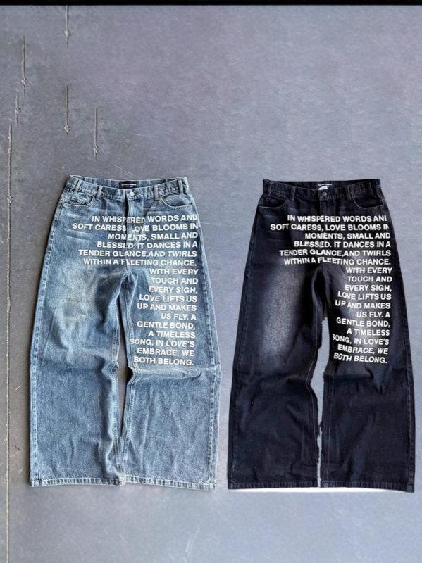 Muške traperice — hip-hop stil, ravni kroj, Y2K retro ulični print, srednji pojas, zip zatvaranje