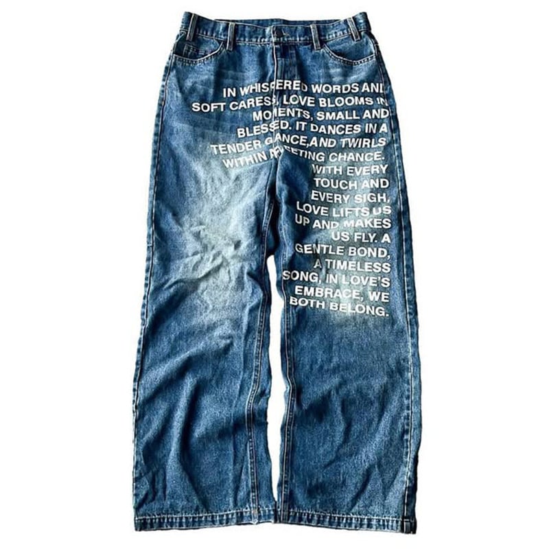 Muške traperice — hip-hop stil, ravni kroj, Y2K retro ulični print, srednji pojas, zip zatvaranje