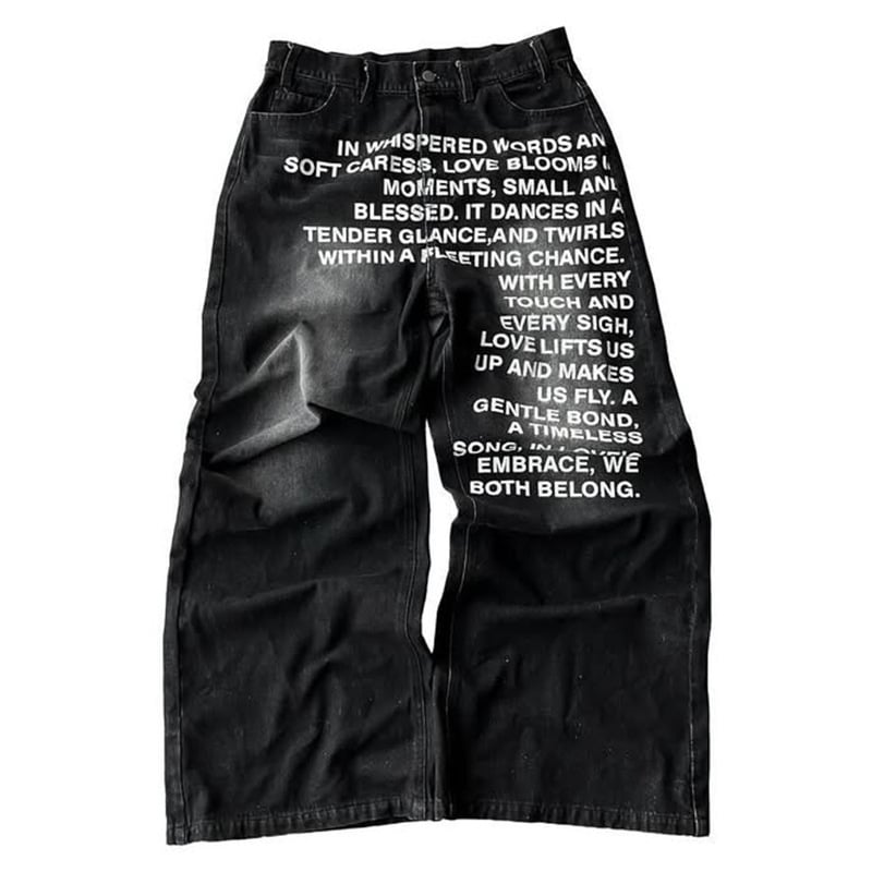 Muške traperice — hip-hop stil, ravni kroj, Y2K retro ulični print, srednji pojas, zip zatvaranje