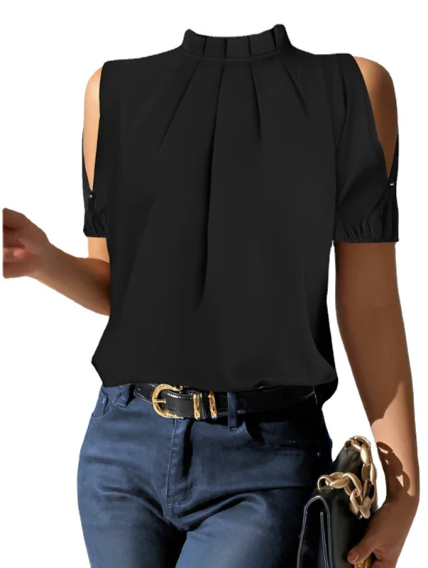 Ženska košulja s otvorenim ramenima, ovratnik u obliku lista lotosa, poliester, kratki rukavi, ljetni stil