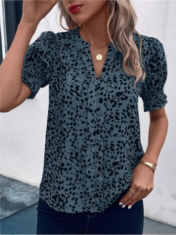 Ženska košulja s V izrezom, leopard uzorak, lantern rukavi, poliester, pulover stil