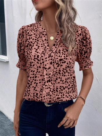 Ženska košulja s V izrezom, leopard uzorak, lantern rukavi, poliester, pulover stil
