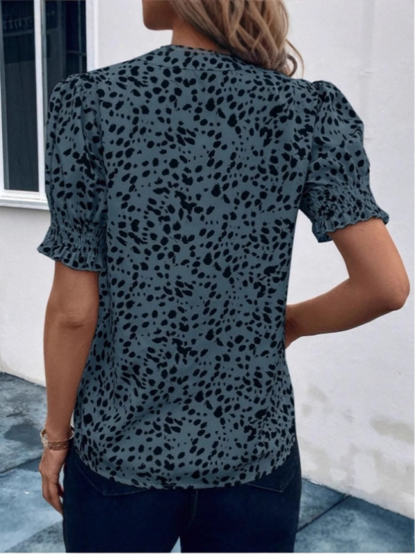 Ženska košulja s V izrezom, leopard uzorak, lantern rukavi, poliester, pulover stil