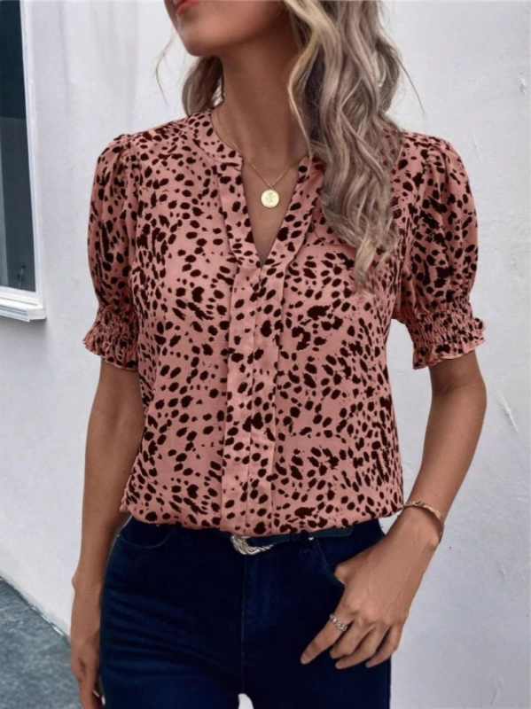 Ženska košulja s V izrezom, leopard uzorak, lantern rukavi, poliester, pulover stil