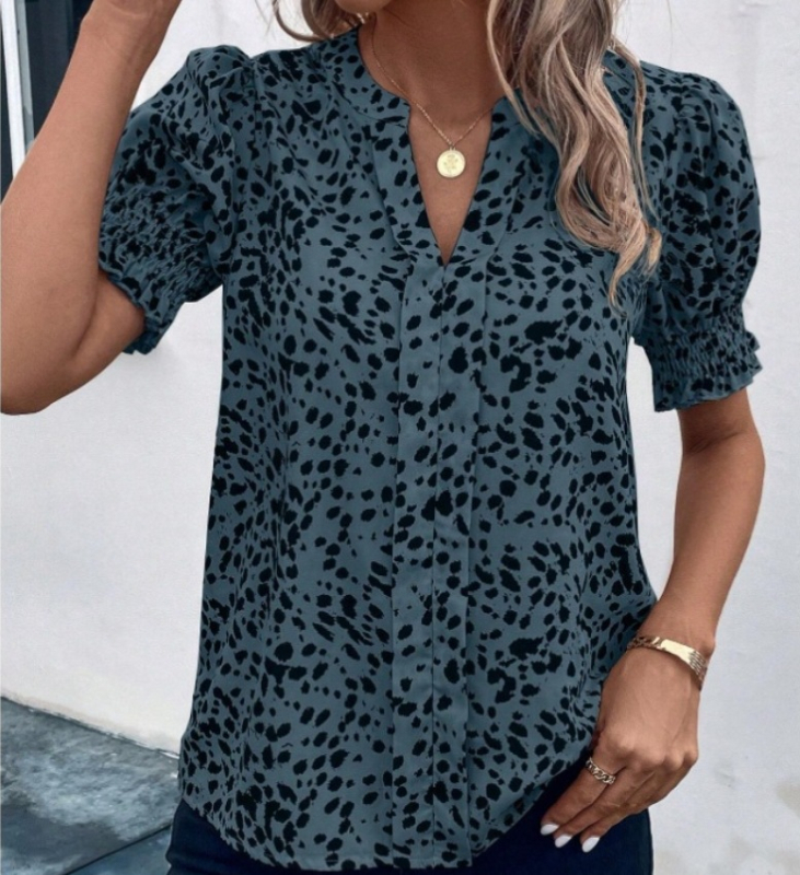 Ženska košulja s V izrezom, leopard uzorak, lantern rukavi, poliester, pulover stil