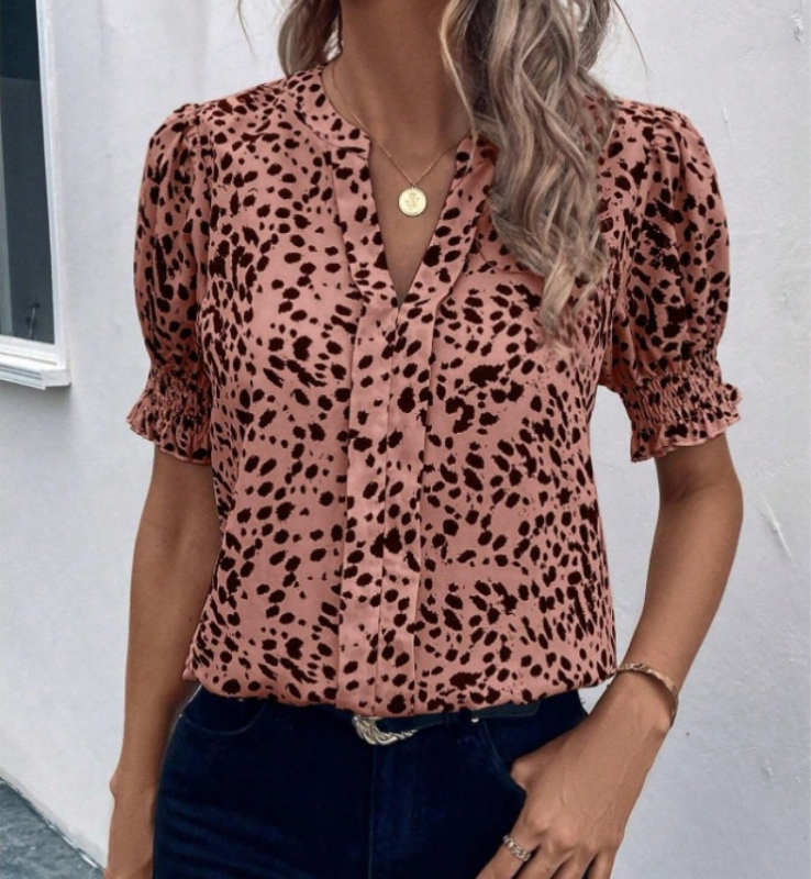 Ženska košulja s V izrezom, leopard uzorak, lantern rukavi, poliester, pulover stil